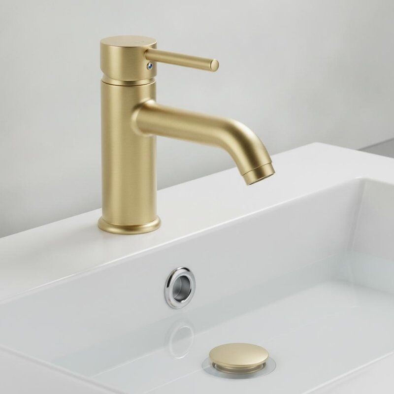 Grifo mezclador para lavabo de latón con caño giratorio, acabado en latón cepillado, rotación de 360 ​​grados con desagüe emergente