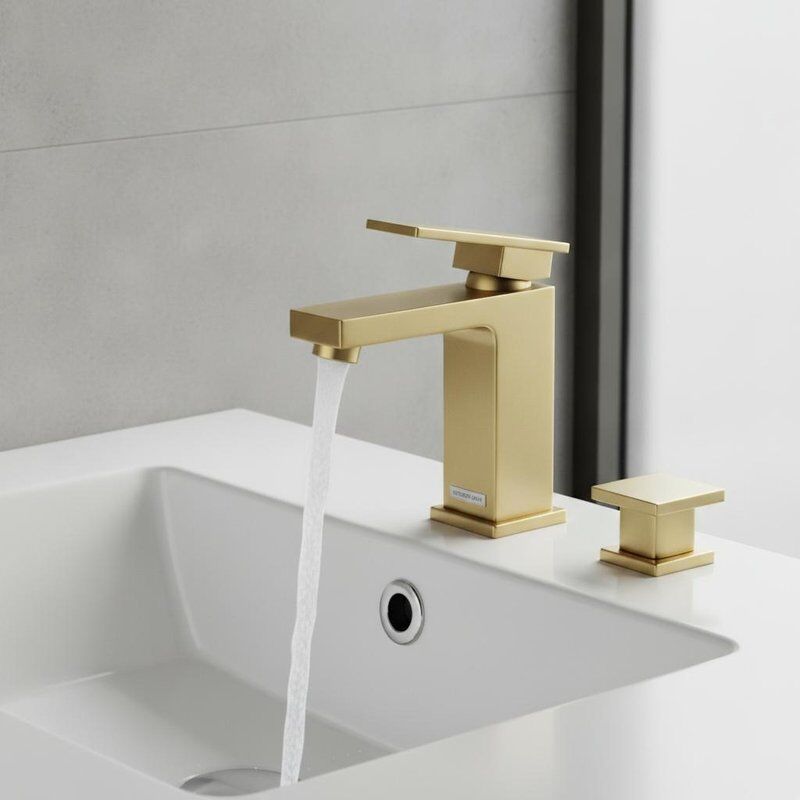 Grifo de lavabo moderno cuadrado de latón con acabado de latón cepillado, diseño geométrico con desagüe emergente y válvula de cerámica