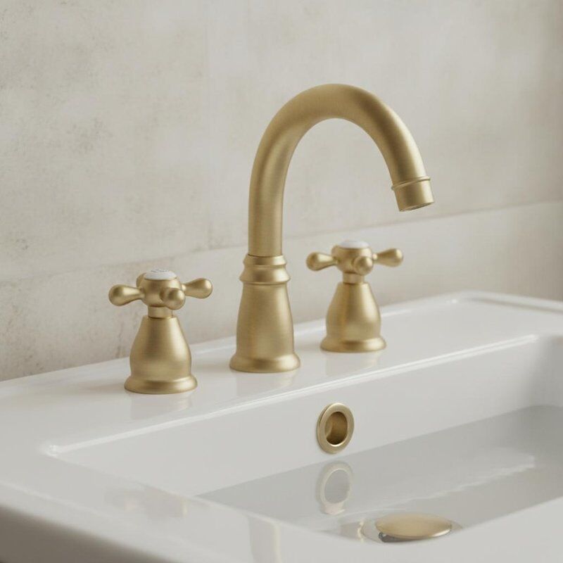 Grifo de lavabo redondo clásico de latón con acabado de latón cepillado, caño curvo con desagüe emergente, estilo tradicional