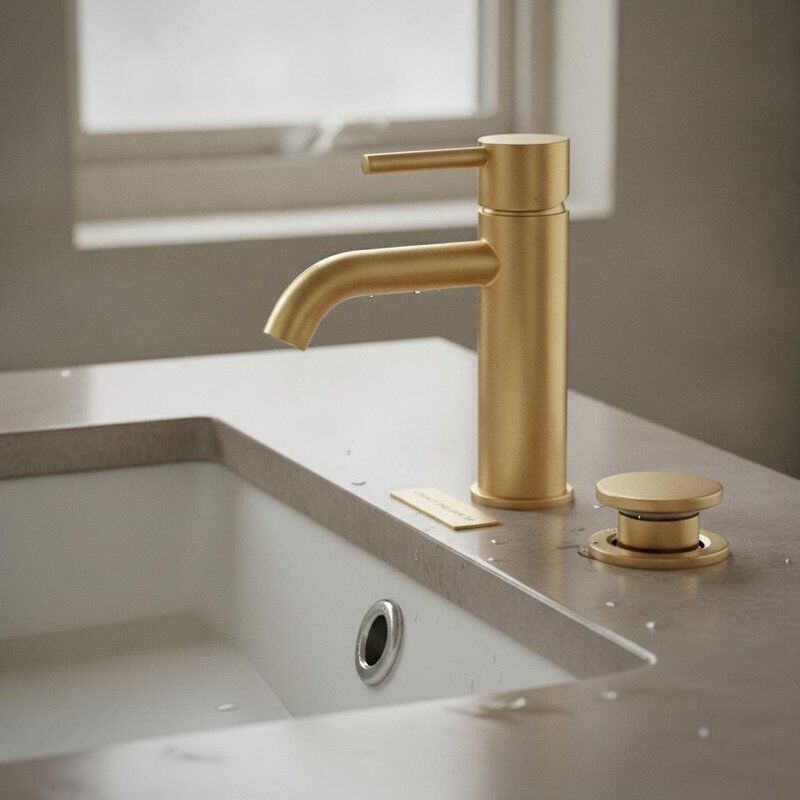 Grifo compacto para lavabo corto de latón, acabado en latón cepillado, diseño de montaje en cubierta con desagüe emergente, ahorro de espacio